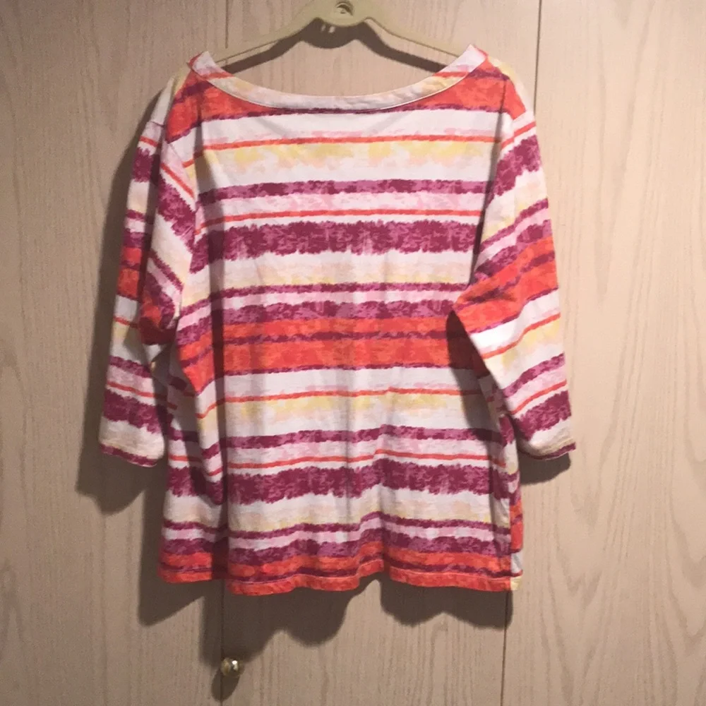 Erika 1X Women’s 3/4 Sleeve Scoop Tie Neck Pink Purple Red White Stripes